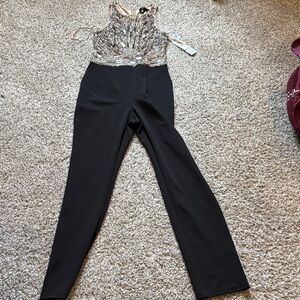 Aidan Mattox Black and Silver Embellished Jumpsuit
